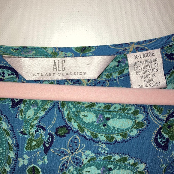 Vintage ALC XL Flowy Sleeve Embellished Chest Blouse Blue Paisley 13035 - Picture 7 of 9